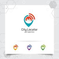 vector de logotipo de ubicación de ciudad con concepto de localizador de mapa pin y diseño de símbolo de paisaje urbano wifi para viajes, guía local, gps y recorrido.