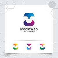 Digital logo letter M design vector with modern colorful pixel icon for technology, software, studio, app, and business.