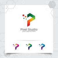 Digital logo letter P design vector with modern colorful pixel for technology, software, studio, app, and business.