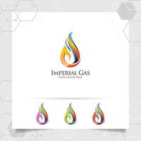 vector de diseño de logotipo de gas de petróleo con concepto de fuego ardiente e icono de gotas de aceite para la industria minera y el procesamiento de combustible.