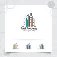 concepto de diseño de logotipo inmobiliario de icono de apartamento y edificio. vector de logotipo de propiedad para construcción, contratista, residencia y paisaje urbano.