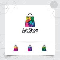 el concepto de diseño del logotipo de la bolsa de compras del icono de la tienda en línea y el colorido vector geométrico utilizado para la tienda de cámaras, el comercio electrónico y el supermercado.