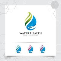 diseño de logotipo de gota de agua con concepto de icono de gota de agua con vector de ecología verde utilizado para la compañía de agua mineral y plomería.