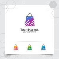 concepto de diseño de logotipo de bolsa de compras de icono de tienda en línea y vector de tecnología utilizado para comerciantes, comercio electrónico y supermercados.