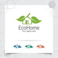 vector de diseño de logotipo de casa verde con concepto de ilustración de icono de hogar y hoja para bienes raíces, propiedad, residencia e hipoteca.