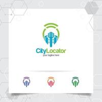 vector de logotipo de ubicación de ciudad con concepto de localizador de mapa pin y diseño de símbolo de paisaje urbano wifi para viajes, guía local, gps y recorrido.