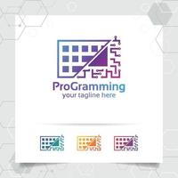 Digital coding logo vector design with concept of keyboard icon and programmer illustration for web development, UI, desktop application, and developer.