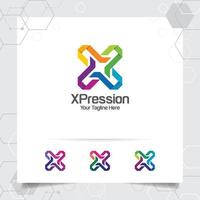 vector de diseño de logotipo de letra x con concepto de símbolo de icono cruzado y estilo moderno y colorido para tecnología, software, estudio, aplicación y negocios.