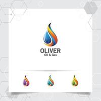 vector de diseño de logotipo de gas de petróleo con concepto de fuego ardiente e icono de gotas de aceite para la industria minera y el procesamiento de combustible.
