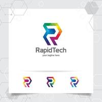 Digital logo letter R design vector with modern colorful pixel for technology, software, studio, app, and business.