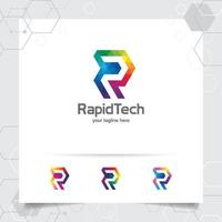 Digital logo letter R design vector with modern colorful pixel for technology, software, studio, app, and business.