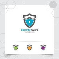 Security shield logo design with concept of protection shield vector and technology icon for data privacy, anti virus and system security.