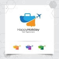 Travel logo design concept of airplane icon with suitcase symbol. Traveling logo vector for world tour, adventure, and holiday.