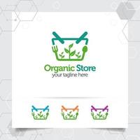 el concepto de diseño del logotipo del carro de la compra del icono de la tienda en línea y el vector vegetal orgánico utilizado para comerciantes, comercio electrónico y supermercados.