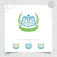 diseño vectorial del logotipo educativo con el concepto de libro, bolígrafo e ilustración de iconos de coronas para academia, universidad, escuela. vector