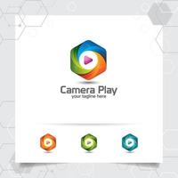 Media play logo design vector with concept of colorful play music icon for studio, application, and multimedia.