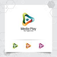 Media play logo design vector with concept of colorful play music icon for studio, application, and multimedia.