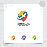 Travel logo design concept of airplane icon with pin map symbol. Traveling logo vector for world tour, adventure, and holiday.