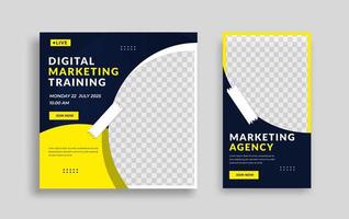 Set of Editable minimal square banner template. Blue yellow white background color with geometric shapes for social media post and web internet ads. Vector illustration