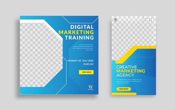 Set of Editable minimal square banner template. Blue yellow white background color with geometric shapes for social media post and web internet ads. Vector illustration
