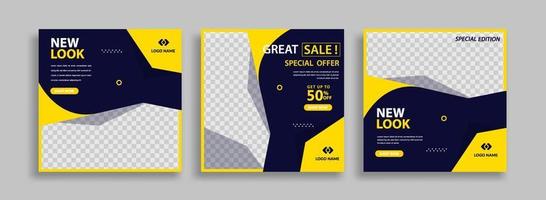 Set of Editable minimal square banner template. Blue yellow white background color with geometric shapes for social media post, story and web internet ads. Vector illustration