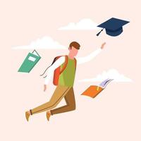 Boy college student is flying graduates on graduate cap. Graduate of educational institution celebrating victory. Off to college. Vector colorful illustration.