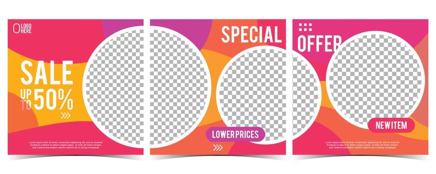 Modern Curve Dynamic Sale Social Media Carousel Background. Set of 3 Simple Square Vector Flat Style