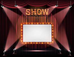 Showtime banner with curtain illuminated by spotlights vector