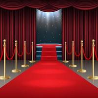 Vector illustration of Podium with red carpet and curtain in glow of spotlights