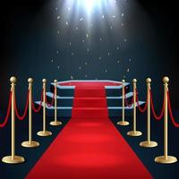 Vector illustration of Podium with red carpet and barrier rope in glow of spotlights
