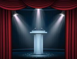 Vector illustration of Showtime banner with podium and curtain illuminated by spotlights