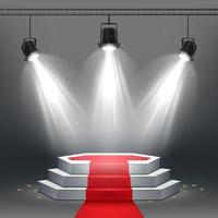 ilustración vectorial del podio blanco y la alfombra roja iluminada por focos vector