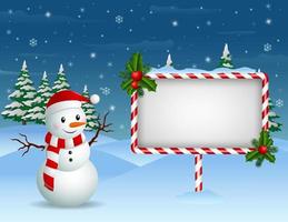 Christmas background with Snowman and blank sign vector