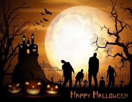 Halloween background with pumpkins, zombie, and scary church on graveyard vector