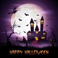 Halloween background with fly witch and scary church on graveyard vector