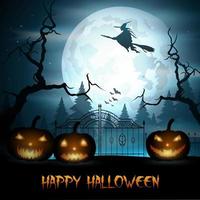 Halloween background with fly witch and pumpkin on graveyard vector