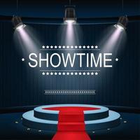 Vector illustration of Showtime banner with podium and red carpet illuminated by spotlights