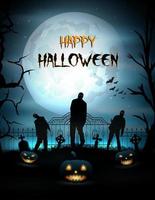 Halloween background with pumpkin and zombie walking out from grave vector