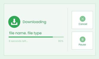 File downloading window showing file download icon with cancel and pause buttons in green color for web interfaces, popups, dialog flows, website window, webpage, product development, and design. vector