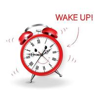 Ringing red alarm clock with wake up inscription. vector