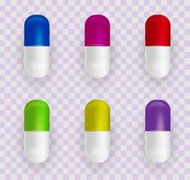 Set of colorful capsules. Vector illustration of medical capsules for decoration of illustrations, web designs, posters, banners, booklets.