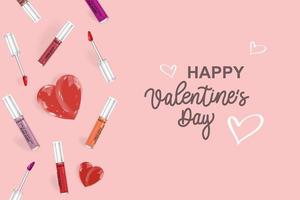 A festive banner for Valentine's Day. Realistic cosmetics with a heart and a calligraphic inscription on a pink background for greeting cards, headlines and website, vector design.