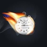 The stopwatch is on fire with the arrow at 15. Vector illustration of speed, time of action, period.