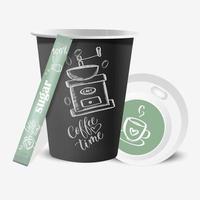 paper coffee cup with lid and sugar bag, with coffee design elements on white background in vintage style. Collection of 3d mock up coffee cup. vector