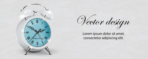 Vector 3d realistic white alarm clock with blue background. Design template, banner with alarm clock with black dial. Mockup for branding