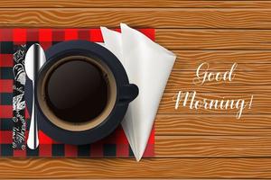 Realistic vector coffee cup and saucer top view isolated on wooden background with checkered tablecloth. Good morning concept