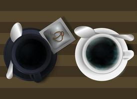 taza blanca y negra con una bolsa de azúcar y una cuchara aislada en un fondo marrón rayado. ilustración para cafetería, pausas para el café, diseño web. vector