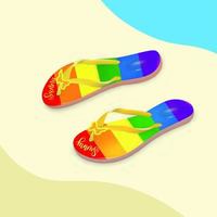 Flip flops with gradient mesh, LGBT, vector illustration. Composition on a background of beach colors in sandy, blue tones. Design and decoration of a tourist destination