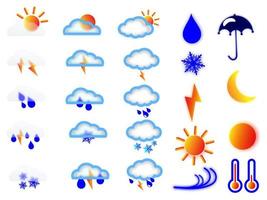 Weather icons. Set of vector symbolic illustrations about weather. Registration of weather forecast toolbars.