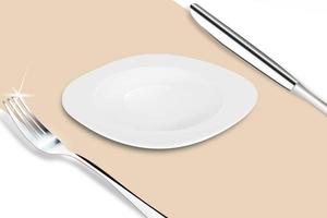 plate served with a fork and knife on a beige canvas with a shadow. 3D vector illustration of the design of the restaurant, cafe.